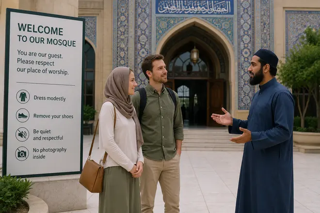 A non-Muslim visitor wearing modest clothing while visiting a mosque