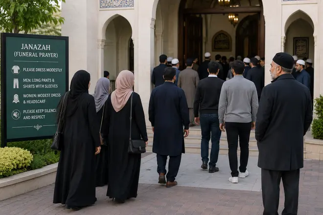 People wearing modest and respectful clothing while attending a mosque funeral service