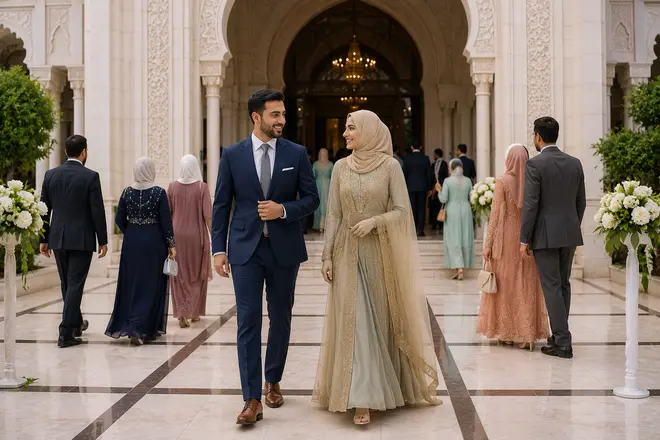 Guests wearing modest and elegant traditional attire at a mosque wedding ceremony