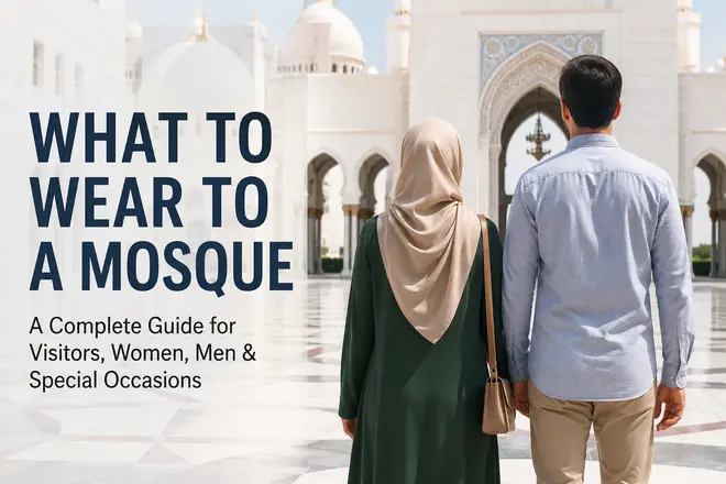 Visitors wearing modest clothing outside a mosque, illustrating appropriate attire for men and women visiting a mosque.