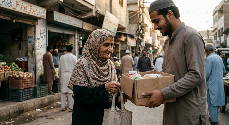 A candid, documentary-style photograph capturing a moment of genuine human interaction, focusing on a respectful young Muslim man in a kurta handing a cardboard grocery box to a smiling elderly woman wearing a floral hijab in a realistic, bustling street market with Urdu signage.