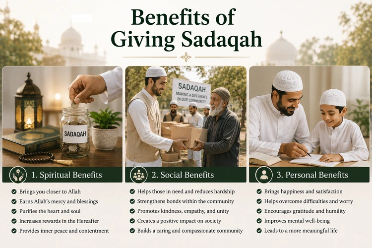 Benefits of giving Sadaqah including spiritual, social, and personal benefits