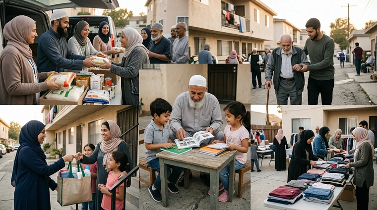 A realistic editorial collage-style photograph showing multiple authentic forms of charitable giving: distributing food packages, providing clothing, supporting children's education, and offering physical assistance, all naturally depicted within one cohesive and dignified community environment.