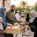 A respectful, realistic documentary-style photo showing an open copy of the Quran placed on a simple wooden stand next to a modest donation collection box, with soft natural light illuminating a contemplative Islamic study space with subtle geometric architectural details.
