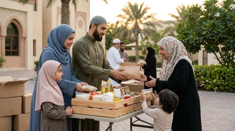 A respectful, realistic documentary-style photo showing an open copy of the Quran placed on a simple wooden stand next to a modest donation collection box, with soft natural light illuminating a contemplative Islamic study space with subtle geometric architectural details.