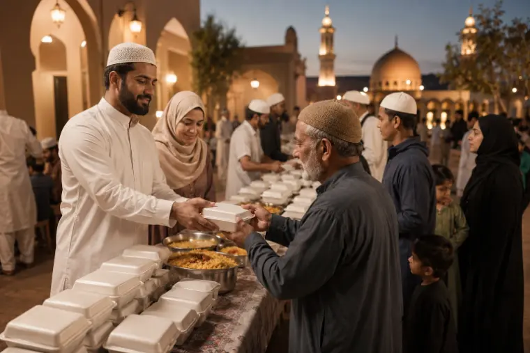 Muslim family giving Sadaqah during Ramadan