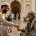 Muslim giving Sadaqah to someone in need