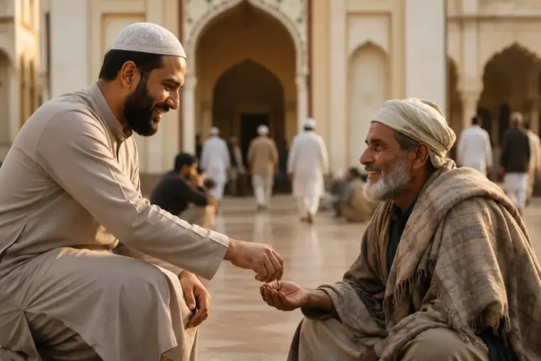 Muslim giving Sadaqah to someone in need