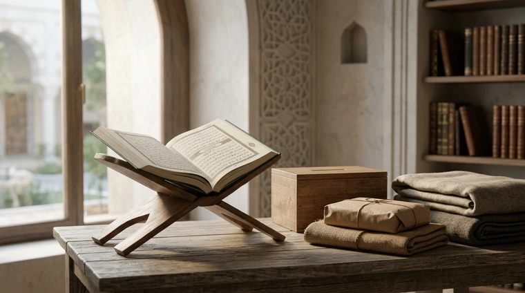 A respectful, realistic documentary-style photo showing an open copy of the Quran placed on a simple wooden stand next to a modest donation collection box, with soft natural light illuminating a contemplative Islamic study space with subtle geometric architectural details.