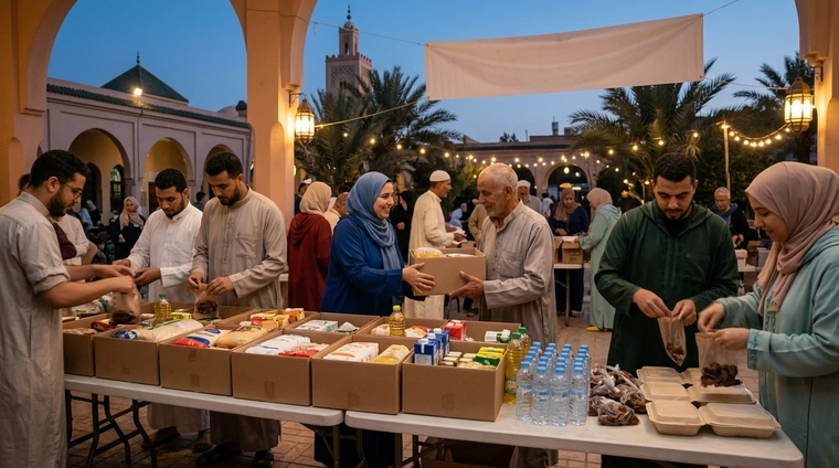A warm, realistic editorial photograph of Muslim families and volunteers preparing and distributing food packages, including neatly arranged dates and water bottles, in a busy community Iftar setting with subtle mosque architecture visible against a warm sunset sky.