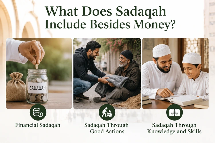 Different forms of Sadaqah including financial giving, helping others through good actions, and sharing knowledge and skills