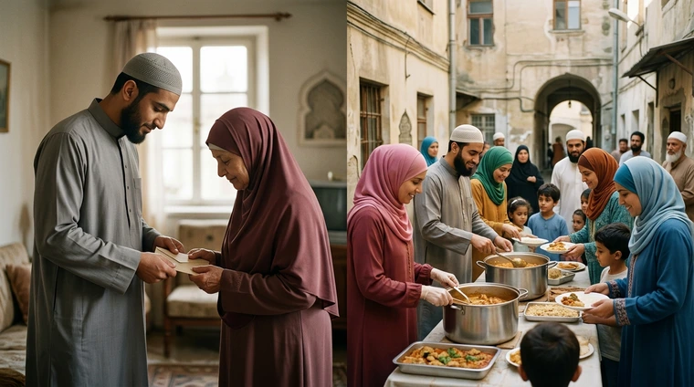A sophisticated conceptual documentary photograph illustrating the contrast between private, discreet giving (one person handing an envelope to another in a quiet room) and public giving (a community food distribution event in a courtyard), both showing sincere and respectful interactions.