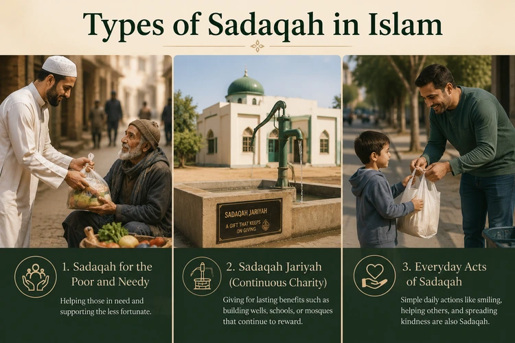 Types of Sadaqah in Islam including charity for the poor and needy, Sadaqah Jariyah, and everyday acts of kindness