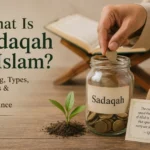 Sadaqah in Islam with a charity jar, Quran, coins, and a growing plant symbolizing charitable giving