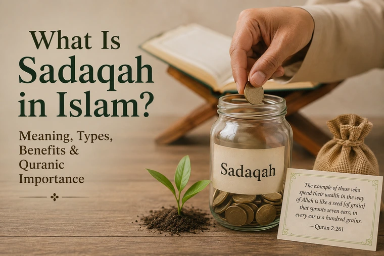 Sadaqah in Islam with a charity jar, Quran, coins, and a growing plant symbolizing charitable giving